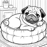 Pug in a cushioned dog bed
