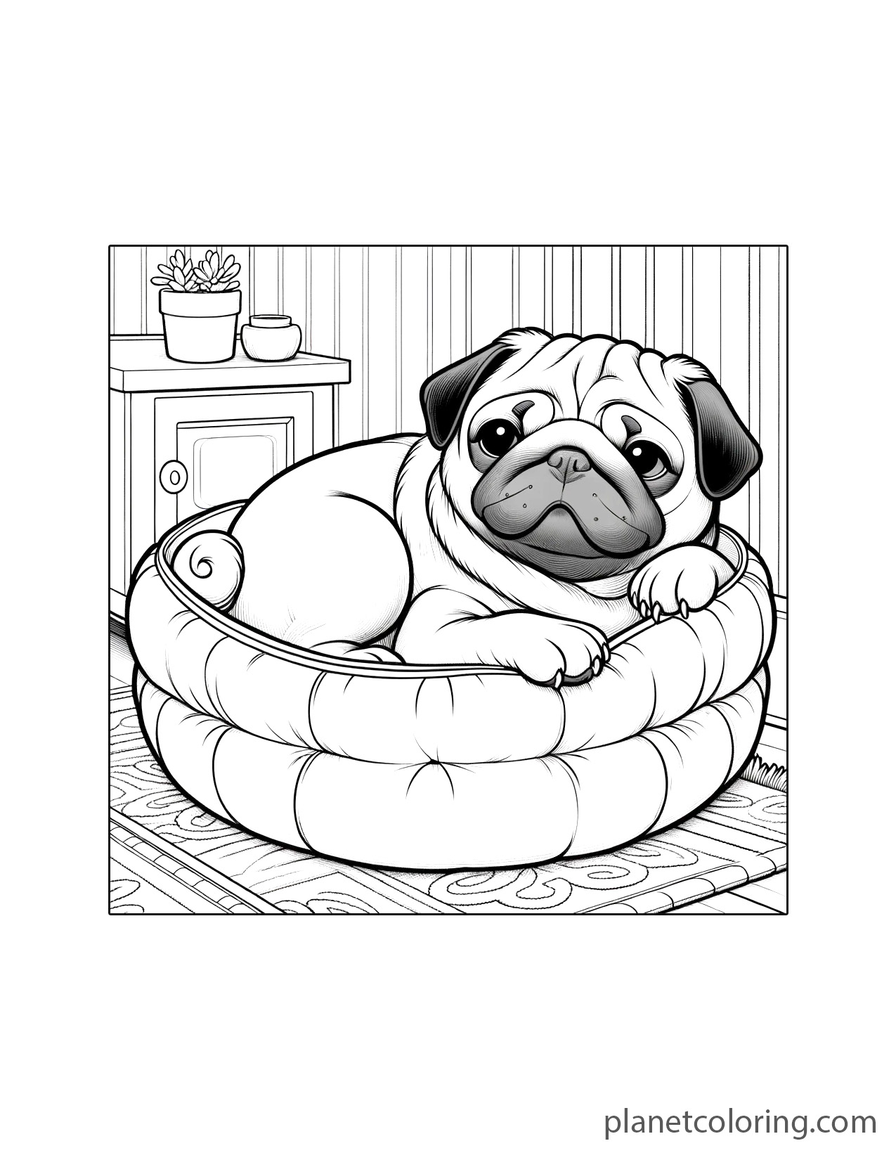 Pug in a cushioned dog bed