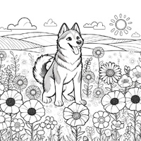 Husky in the wildflowers