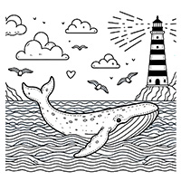 Whale near a lighthouse
