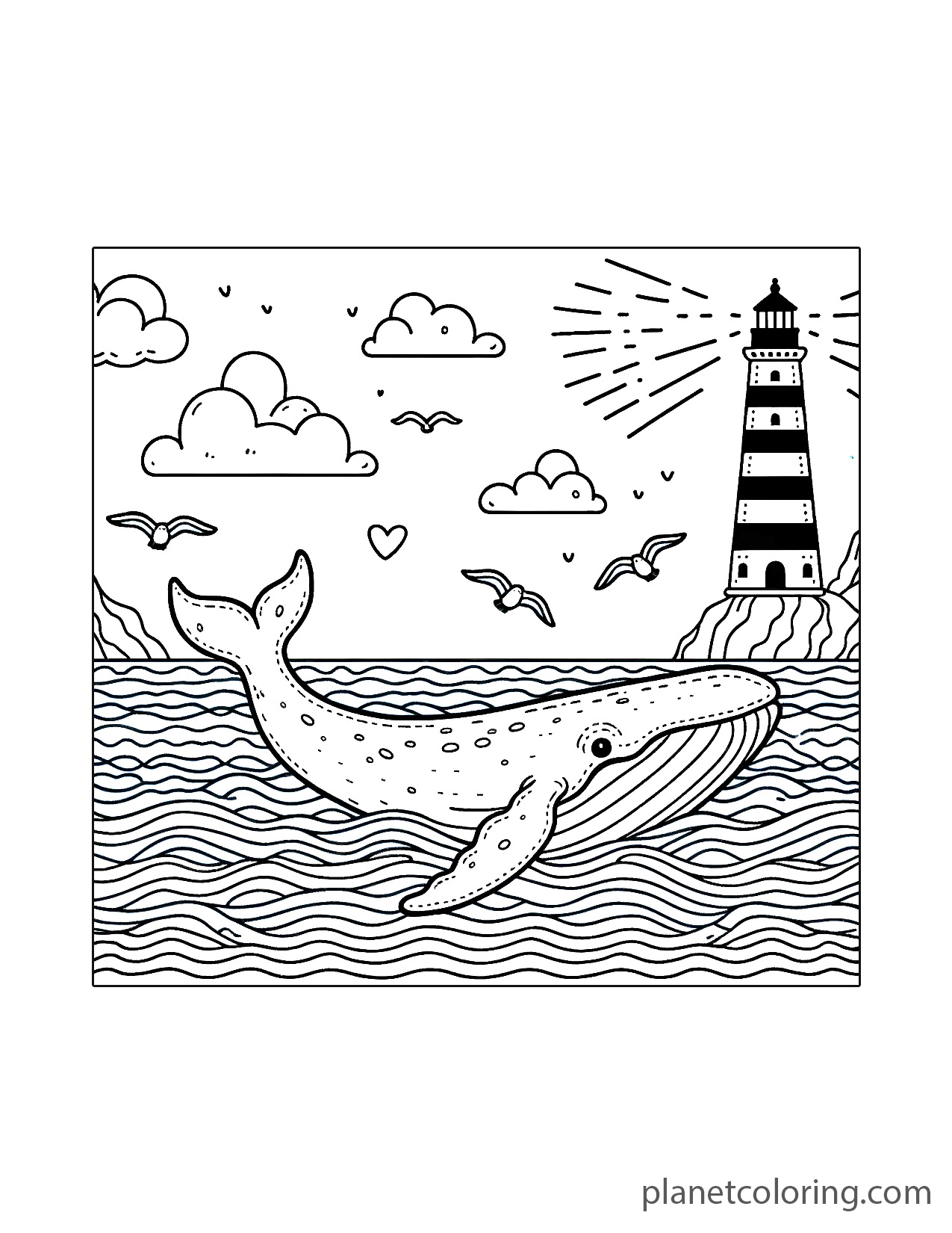 Whale near a lighthouse