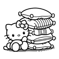 Hello kitty with a stack of pillows