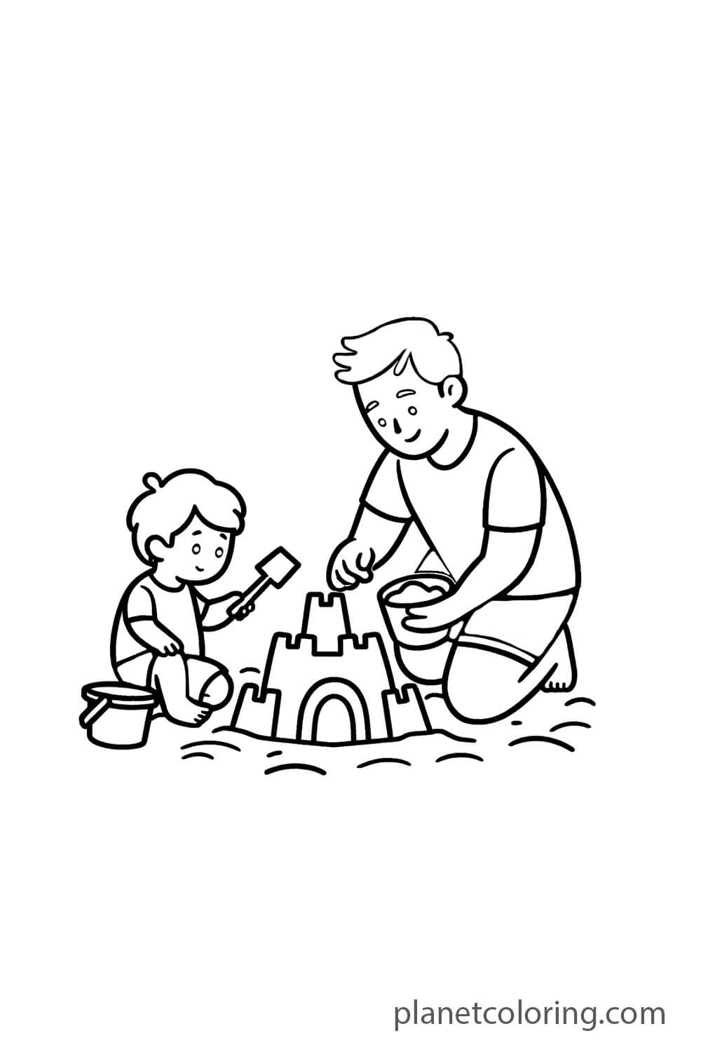 Father & Child Building Sand Castle